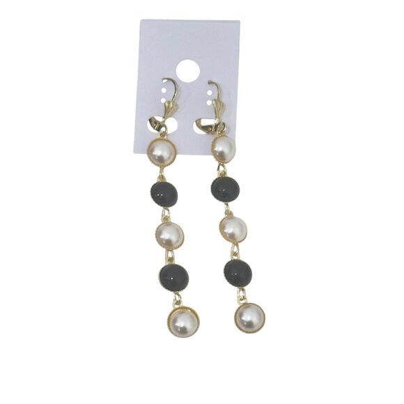 NEW Gold Filled Gold & Pearl Drop Earrings With Black Beads - Picture 9 of 9